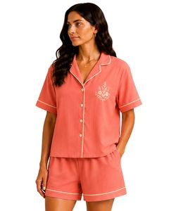 Conjunto de Pijama Rosa Coral para Mujer, Manga Corta, Algodón Popelina, Ropa de Dormir Bordada, Conjunto de Shorts con Botones, Cómodo para el Verano - Product Image 1