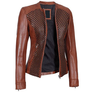 Veste en cuir marron de luxe pour femmes - Tissage texturé unique en forme de cube - Veste ajustée zippée en peau de mouton de qualité supérieure - Product Image 5