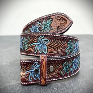 Floral Embossed Men's Fashion Western <b>Leather</b> <b>Tooling</b> Belt With Pin Buckle Ethnic Style Hand Painted Design Durable Western Belt - Product Image 1