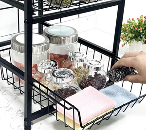 OEM/ODM Vietnam Double Layer Dish Drying Rack Metal Under Sink Organizer with Fruit <b>Vegetable</b> Storage Basket Shelf - Product Image 4