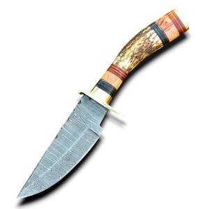 Cuchillo de Caza Artesanal de Acero de Damasco con Cuerno de Ciervo - Hoja Fija de Punta Caída Afilada como una Navaja con Funda, Venta al por Mayor OEM/ODM - Product Image 1