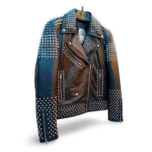 Nouvelle veste en cuir véritable pour femme, style motard rock punk, ornée de strass imprimés et de clous, respirante - Product Image 4