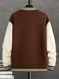 Men's Brown Varsity Jacket Cotton Polyester Blend Casual Turn-down Collar Regular Fit Autumn Streetwear Solid Color <b>Button</b> - Product Image 2