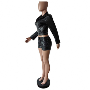 Conjunto de Chaqueta y Pantalones Cortos de Cuero Sintético para Mujer, Estilo Motero, Atuendo Urbano Moderno, Venta al Por Mayor OEM - Product Image 5