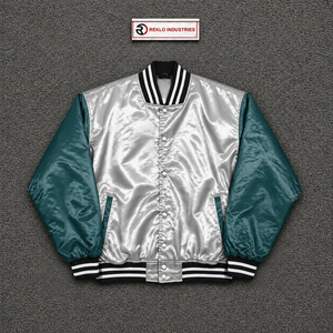 Veste de baseball premium en satin argenté brillant et vert sarcelle foncé, avec manches contrastées rayées noir et blanc - Product Image 5