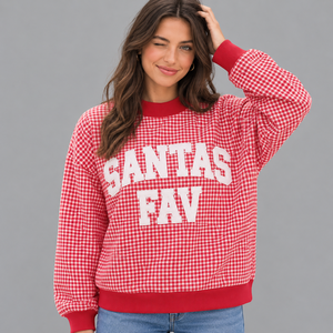 Sweat-shirt à carreaux rouges pour femme OEM, imprimé préféré de Père Noël, col rond, pull d'hiver pour les fêtes, coupe classique, 100 % coton tricoté, col montant - Product Image 1
