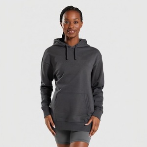 Sweat-shirt long à capuche pour femme, pull à épaules tombantes, couleur unie, haut décontracté avec poches - Product Image 1