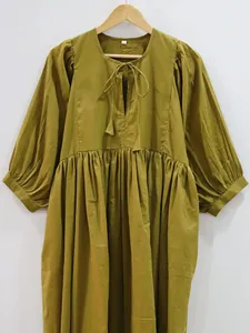 Robe maxi en coton uni vert olive bohème avec col noué et manches bouffantes, coupe ample, style décontracté pour le printemps, pour femmes - Product Image 3