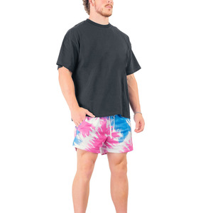 <b>Tie</b> Dye <b>Pink</b> Blue High Waist Shorts Drawstring Closure Quick Dry Casual Short Shorts 100% Polyester Woven Fabric - Product Image 2