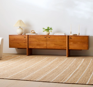 Meuble TV moderne en teck massif avec double porte de rangement, étagère ouverte et console multimédia minimaliste en bois - Product Image 3