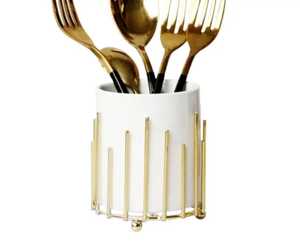 Ceramic Cutlery Holder with Gold Metal Frame Utensil Organizer Modern Flatware <b>Storage</b> Cup <b>Kitchen</b> Countertop Holder Decor - Product Image 1