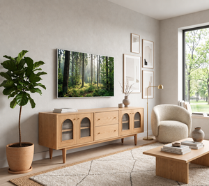 Meuble TV moderne en bois, console multimédia nordique, buffet avec porte vitrée pour salon - Product Image 4