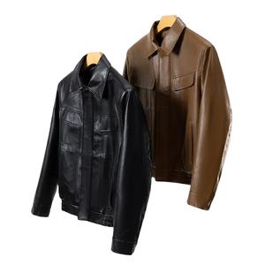 Chaqueta Bomber de piel sintética para hombre, ropa de calle vintage, abrigo de motorista con cremallera de invierno con cuello con capucha y solapa, tela negra y marrón - Product Image 3
