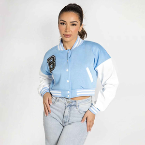 Blouson universitaire bleu clair et blanc à blocs de couleur, col rabattu, fermeture éclair, coupe courte et ample, style preppy, idéal pour le printemps - Product Image 6