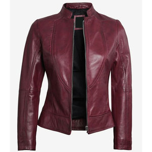 Wholesale Real Sheepskin Leather Women’s <b>Jacket</b> - Stand Collar Tailored Fit Burgundy High-Quality Outerwear - Product Image 1