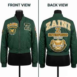 Blouson bomber court pour femme en sergé de polyester 240 GSM de qualité supérieure, vert, avec logo brodé en chenille personnalisé et bordure côtelée - Product Image 1