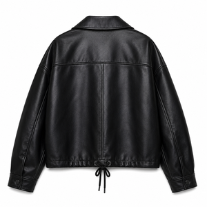 Blouson bomber en cuir PU pour femme avec col rabattable, fermeture éclair, style court, vêtement d'automne, couleur unie, coupe-vent - Product Image 4