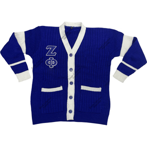 Cárdigan de Mujer Personalizado para Hermandad Zeta ZPB, Azul Rey y Rayas Blancas, Tejido de Cable, con Bordado de Letras Griegas - Product Image 1