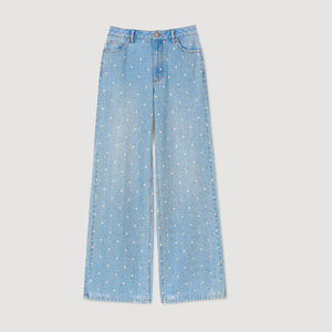 Jeans de Mezclilla Rectos de Cintura Alta para Mujer, Transpirables, con Diseño de Puntos Azules Claros, Corte Holgado Informal, Estilo Urbano de Primavera - Product Image 1
