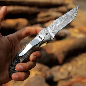 Couteau pliant en acier Damas avec manche en corne de bélier courbé, étui en cuir pour ceinture, couteau de poche pour la chasse et le camping, fabriqué par le fabricant - Product Image 4