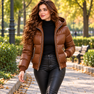 Chaqueta de Cuero Marrón para Mujer, Chaqueta Bomber Acolchada Brillante con Capucha, Proveedor de Chaquetas de Invierno a la Moda - Product Image 5
