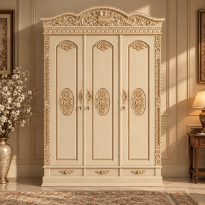Traditional Hand Carved Solid Wood 3 Door <b>Wardrobe</b> <b>Armoire</b> with Brass Handles and Hinged Doors for Bedroom Furniture - Product Image 1