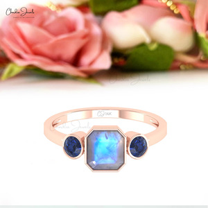 Bague de fiançailles et de mariage classique pour femme en or massif 14 carats, sertie de pierres naturelles de 2 carats (pierre de lune et saphir bleu) - Product Image 2
