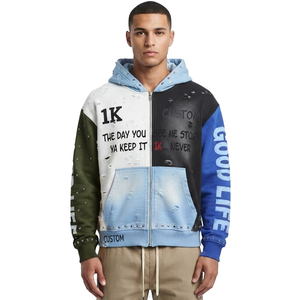 Custom Distressed Patchwork Graphic Hoodies Color Block Full <b>Zip</b> Up Hoodie Metal Studded Vintage Printed Heavy <b>Hooded</b> Jacket OEM - Product Image 1