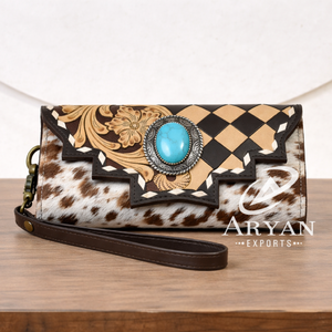 Western Checkered Pattern Cowhide Leather <b>Wristlet</b> Wallet for Women Turquoise Concho Clutch Wallet Ladies Card Holder Purse - Product Image 1