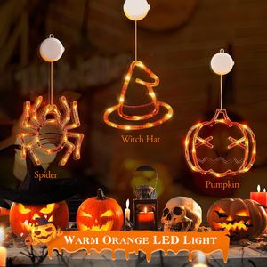 Luci per Finestre di Halloween, Set da 3 Pezzi, Decorazioni Appese a Forma di Ragno, Cappello da Strega e Zucca Arancione con Ventosa per Decorazioni Festive - Product Image 1