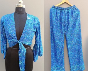 New Style V-neck Bell Sleeves Floral Print 100% Cotton Top with Pajama Flare <b>Elastic</b> Waist Knotted <b>Dress</b> Palazzo Tie up Crop - Product Image 1