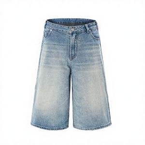 Pantalones Cortos Bermuda de Mezclilla Lavada de Cintura Alta para Hombre, con Botones, Estilo Casual, 100% Algodón Tejido, Transpirable, Color Sólido - Product Image 2