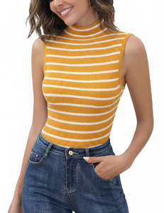 Top sin mangas de cuello simulado para mujer, de la mejor calidad, informal, a rayas, de poliéster y algodón, para verano, con logo personalizado, venta al por mayor, chaleco para mujer - Product Image 5