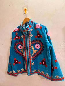 <b>Women</b> Blue <b>Velvet</b> Embroidered Suzani <b>Jacket</b> with Multicolor Floral Pattern Full Sleeve Stand Collar Boho Winter Coat - Product Image 2