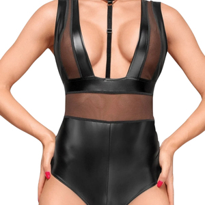 Women's Black PU Leather Bodysuit See Through Hollow Out Sexy Lingerie One Piece Sleeveless High Neck - Product Image 6
