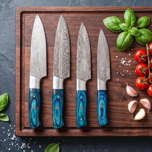 Juego de Cuchillos de Chef de Acero de Damasco Hechos a Mano, 4 Piezas, Mango de Madera con Funda de Cuero, Cuchillos Utilitarios para Supervivencia y Camping - Product Image 6