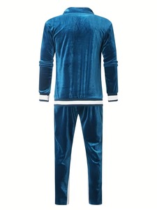 Men Velvet Tracksuit Set Full <b>Zip</b> Jacket Pants Solid Blue Casual Sportswear Autumn Wear Breathable Polyester Material - Product Image 2