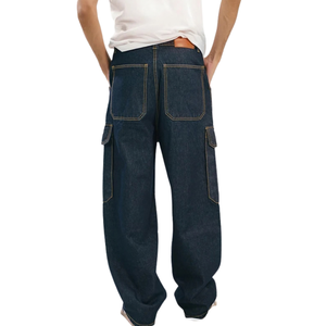 Pantalones Cargo de Mezclilla para Hombre, Color Azul Oscuro Lavado, Transpirables, con Bolsillos Utilitarios, Corte Ancho, Cierre de Botones - Product Image 2