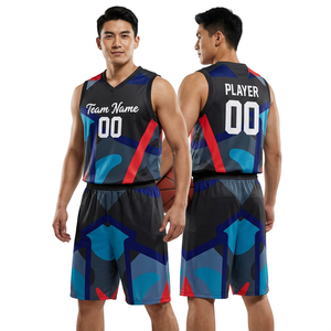 Maillot de basket-ball personnalisé sublimé pour homme, sans manches, col en V, coupe athlétique, imprimé noir, rouge, bleu - Product Image 5