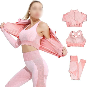 Ensemble de yoga 3 pièces OEM pour femmes grandes tailles, écologique, sans couture, ombré texturé, avec leggings taille haute, brassière de sport dos croisé et fermeture éclair intégrale - Product Image 1