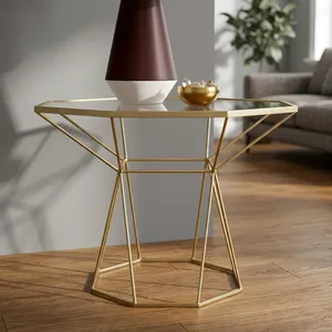 Mesa Auxiliar de Hierro con Acabado Dorado y Tapa de Vidrio, Mesa de Estilo Moderno para Sala de Estar, Dormitorio, Hotel, Decoración del Hogar - Product Image 5