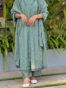 NOIIR PIGEON <b>Womens</b> Pure Mul Chanderi Anarkali <b>Kurta</b> Pant Dupatta Designer Bracelet 4-Piece Set Embroidered Indian - Product Image 5