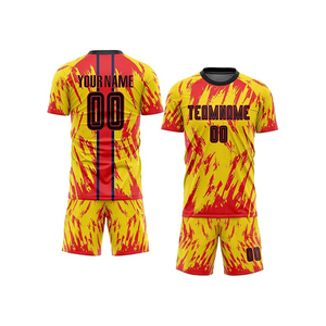 Conjunto de Uniforme de Fútbol Sublimado Personalizado, 100% Poliéster Transpirable, Cuello en V, Manga Corta, Pantalones Cortos Azules y Negros, Absorbe la Humedad - Product Image 1