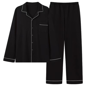 Conjunto de Pijamas de Algodón Negro para Hombre, Manga Larga, Color Sólido, Cuello Camisero con Bolsillos, Ropa de Dormir Informal para Otoño - Product Image 1