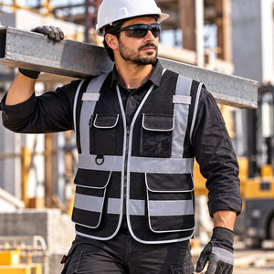 Gilet de travail noir haute visibilité respirant et imperméable avec bandes réfléchissantes et plusieurs poches, équipement de sécurité unisexe en polyester - Product Image 6