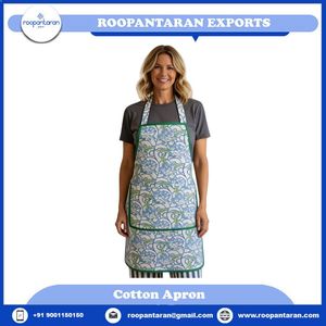 Bib Apron With Blue Floral Pattern Green <b>Trim</b> <b>Machine</b> Washable Cooking Apron Daily Use Woven Textile 1-4 Pockets For Bulk Supply - Product Image 6