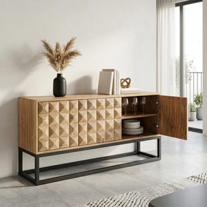 Dice Buffet <b>Sideboard</b> Modern Industrial Solid Wood <b>Storage</b> Cabinet With 3D Geometric Carved Doors And Black Metal Base Furniture - Product Image 5