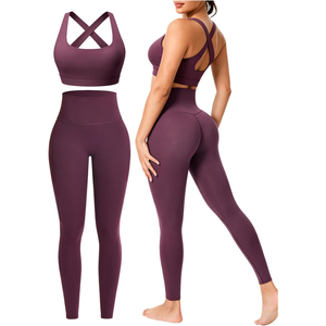 Ensemble de leggings de yoga taille haute couleur unie avec soutien-gorge de sport à bretelles croisées, sans couture, longueur intégrale, en Spandex et Polyester, 2 pièces - Product Image 6