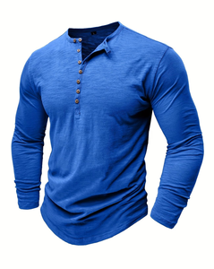 Men's Short Sleeve Henley T-Shirt Solid Blue Knitted Cotton Slim Fit Casual Regular Length Breathable Button-Up 180g Enzyme Wash - Product Image 1