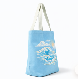 Sac fourre-tout en toile bleue COTTON VOYAGE avec motif océan brodé, grande capacité, réutilisable, avec poignée longue pour le shopping et la plage - Product Image 3